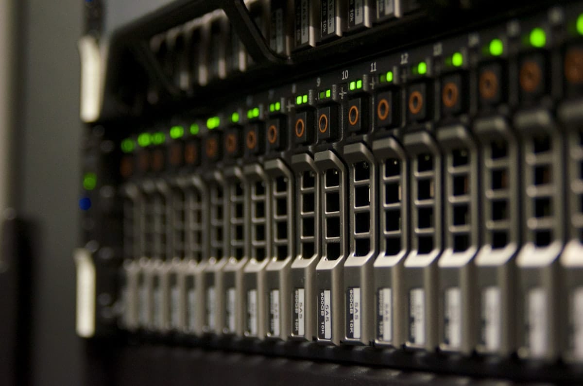 Server rack with blinking lights using energy